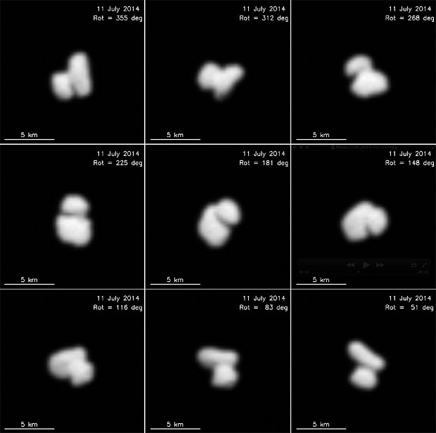 Assemblage of pictures that show the binary nucleus of the comet 67P/Churyumov-Gerasimenko taken by the Rosetta space probe (Image ESA / Rosetta / MPS for OSIRIS Team MPS / UPD / LAM / IAA / SSO / INTA / UPM / DASP / IDA)