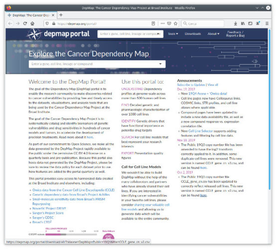 The Cancer Dependency Map (Cancer DepMap) Portal's home page