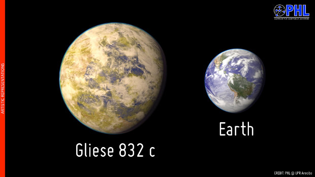 Artistic representation of the planet Gliese 832c neart the Earth (Image courtesy PHL @ UPR Arecibo)