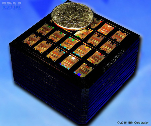 Cassette with hundreds of IBM Silicon Photonic Chips with an American coin to compare their size (Image courtesy IBM. All rights reserved)