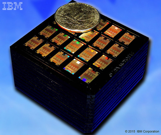 Cassette with hundreds of IBM Silicon Photonic Chips with an American coin to compare their size (Image courtesy IBM. All rights reserved)