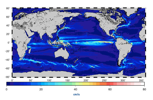 Map of the ocean currents created using data from the GOCE satellite (Image ESA/CNES/CLS)