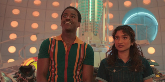 The Fifteenth Doctor (Ncuti Gatwa) and Belinda Chandra (Varada Sethu) in The Story & the Engine (Image courtesy BBC / Disney+)