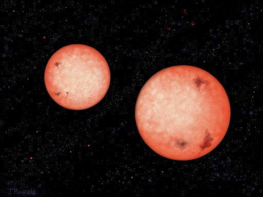 Artistic concept showing two M4 class red dwarfs orbiting each other in 2.5 hours (Image J. Pinfield, for the RoPACS network)