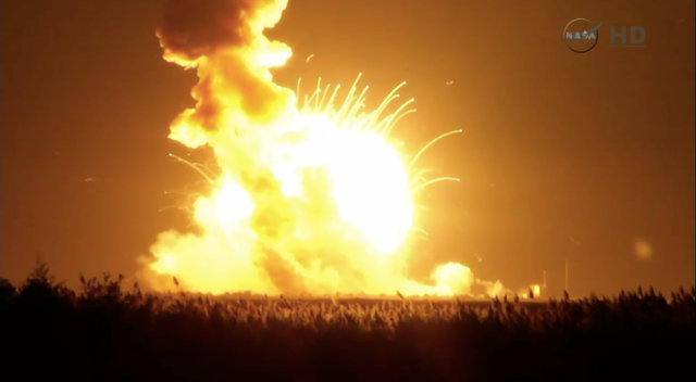 Orbital Sciences Cygnus spacecraft destroyed by the explosion of the Antares rocket after lift off (Image NASA TV)