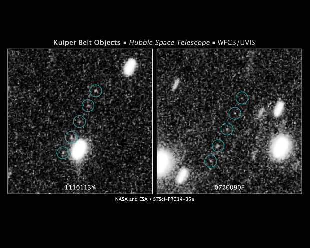 The two Kuiper Belt Objects found by the Hubble Space Telescope showed through their movements (Image NASA, ESA, SwRI, JHU/APL, New Horizons KBO Search Team)