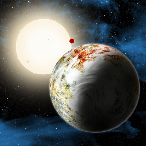 Artistic impression of the Kepler-10 system with the planet Kepler-10c in the foreground (Image Harvard-Smithsonian Center for Astrophysics/David Aguilar)