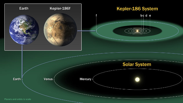 A comparison of our solar system with that of the star Kepler186 and in particular of the Earth with the planet Kepler-186f (Image NASA Ames/SETI Institute/JPL-Caltech)