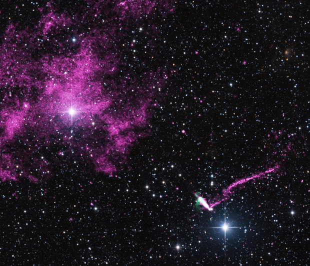 A composite image of the IGR J11014-6103 pulsar in the lower right and the supernova remnants in the upper left that contains data from NASA's Chandra X-ray Observatory, radio data from the Australia Compact Telescope Array and optical data from the 2MASS survey (Image NASA/CXC/ISDC)