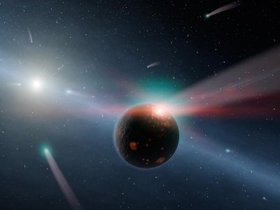 Artist's conception showing a comet rain in the Eta Corvi star system (Image NASA/JPL-Caltech)