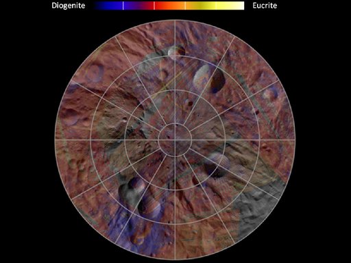 Mineral distribution in the southern hemisphere of the giant asteroid Vesta (Image NASA/JPL-Caltech/UCLA/INAF/MPS/DLR/IDA)