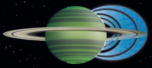 Artist's concept illustrating how charged water particles flow into Saturn's atmosphere from the planet's rings (Image NASA/JPL-Caltech/Space Science Institute/University of Leicester)