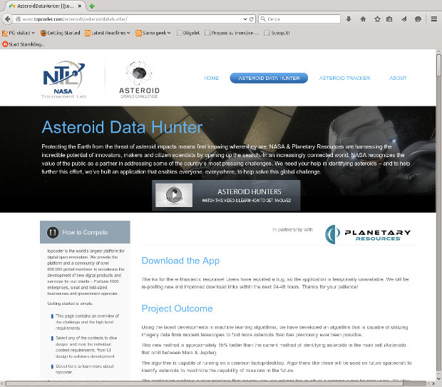 The webpage of the application to identify asteroids