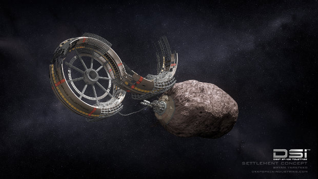 Artistic concept of the construction of a large revolving asteroid-mining space station (Image courtesy Deeps Space Industries)