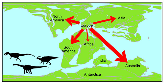 Map of the great dinosaur migration from Europe (Image courtesy Alex Dunhill, University of Leeds)