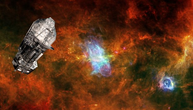 Composed image of the Herschel Space Telescopo against a background with the Vela C region (Image ESA/PACS & SPIRE Consortia, T. Hill, F. Motte, Laboratoire AIM Paris-Saclay, CEA/IRFU – CNRS/INSU – Uni. Paris Diderot, HOBYS Key Programme Consortium)