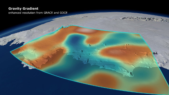 Areas in West Antarctica where the force of gravity dips following ice melt (Image DGFI/Planetary Visions)