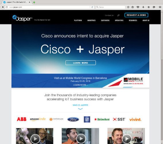 Jasper Technologies website's home page highlights the deal with Cisco