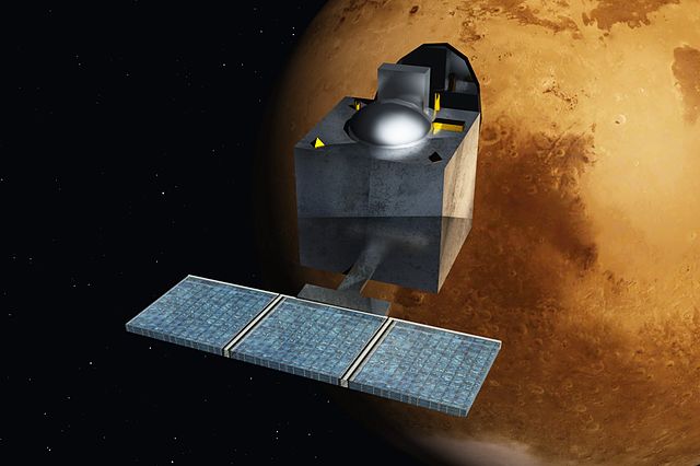 Artists concept of the Indian space probe Mangalyaan, officially called the Mars Orbiter Mission (MOM) in Mars orbit (Credit Nesnad)