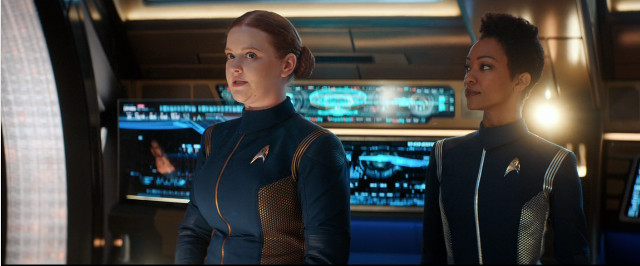 Sylvia Tilly (Mary Wiseman) and Michael Burnham (Sonequa Martin-Green) in New Eden (Image courtesy CBS / Netflix. All rights reserved)