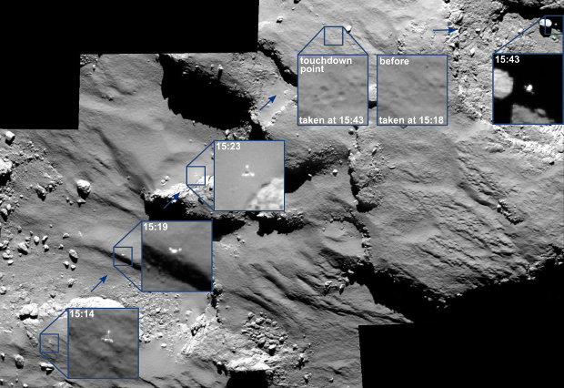 Philae's trajectory on the surface of the comet 67P/Churyumov-Gerasimenko (Image ESA/Rosetta/MPS for OSIRIS Team MPS/UPD/LAM/IAA/SSO/INTA/UPM/DASP/IDA)