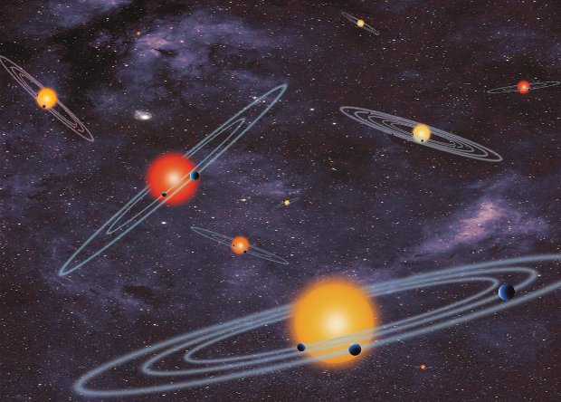 Artistic concept of some multiple-planet systems found thanks to the Kepler Space Telescope (Image NASA)