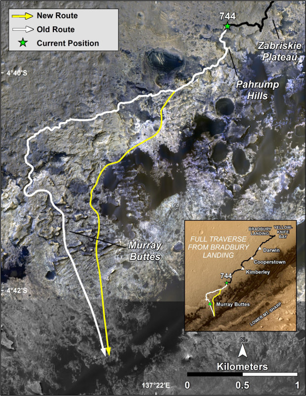 The route of the Mars Curiosity rover up Mount Sharp. In white the original route, in yellow the new revised one (Image NASA/JPL-Caltech/Univ. of Arizona)