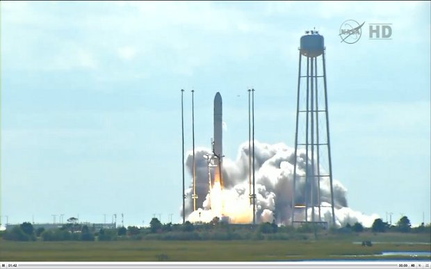 Lift off of the Orbital Science Corporation Antares rocket carrying the Cygnus spacecraft (Image NASA TV)