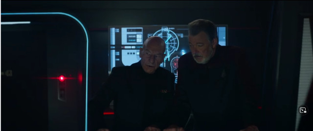 Jean-Luc Picard (Patrick Stewart) and William Riker (Jonathan Frakes) in Seventeen Seconds (Image courtesy Paramount+ / Amazon Prime Video)