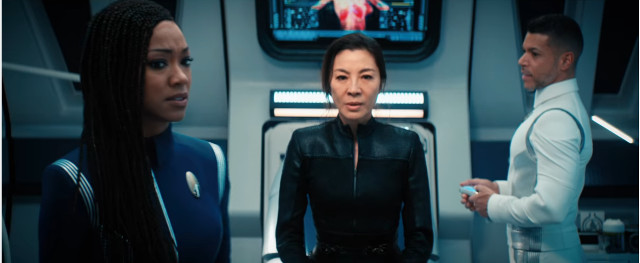 Michael Burnham (Sonequa Martin-Green) , Philippa Georgiou (Michelle Yeoh) and Hugh Culber (Wilson Cruz) in The Sanctuary (Image courtesy CBS / Netflix. All rights reserved)