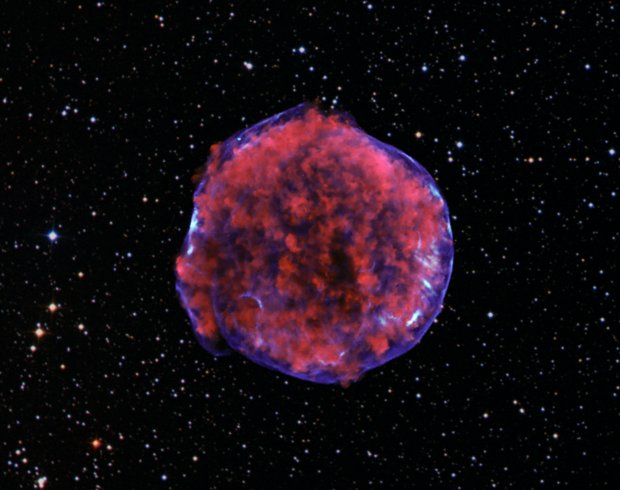 A photograph of the Tycho supernova remnant taken by the Chandra X-ray Observatory (Image X-ray: NASA/CXC/Rutgers/K. Eriksen et al.; Optical (starry background): DSS)