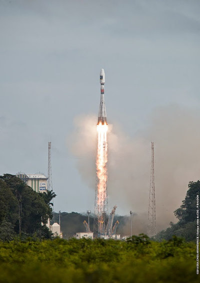 Two satellites of the Galileo system lifting off on a Soyuz ST-B/Fregat rocket (Photo ESA/CNES/Arianespace - Optique du Video CSG P.Baudon)