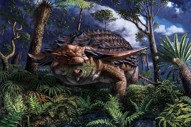 Artist's concept of Borealopelta markmitchelli (Image courtesy Julius Csotonyi © Royal Tyrrell Museum of Palaeontology)