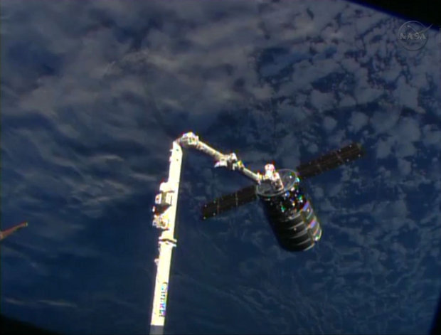 Orbital Sciences Cygnus spacecraft captured by the International Space Station (Image NASA TV)