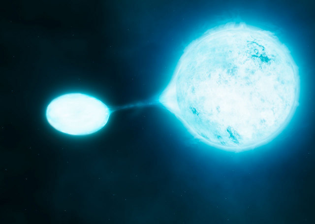 Artist impression of a type-O stars pair with one of them acting like a vampire (Image ESO/M. Kornmesser/S.E. de Mink)