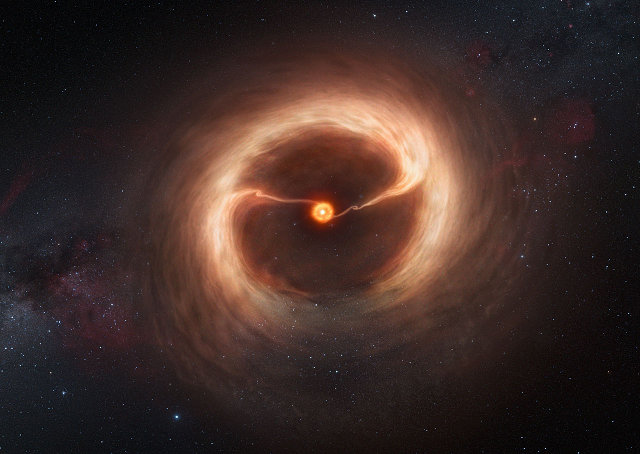 Artist’s impression of the disc of gas and cosmic dust around the young star HD 142527 with streams of gas flowing across the gap in the disc (Image ALMA (ESO/NAOJ/NRAO)/M. Kornmesser (ESO)/Nick Risinger (skysurvey.org))