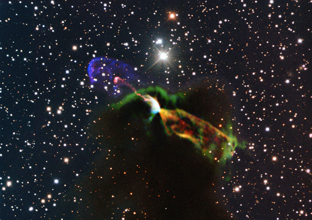 Image of Herbig-Haro 46/47 that combines observations made using ALMA and the New Technology Telescope (NTT) (Image ESO/ALMA (ESO/NAOJ/NRAO)/H. Arce. Acknowledgements: Bo Reipurth)
