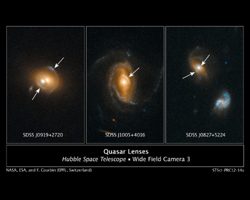 Galaxies SDSS J0919+2720, SDSS J1005+4016, and SDSS J0827+5224 contain quasars acting as gravitational lenses (Image NASA, ESA, and F. Courbin (EPFL, Switzerland))