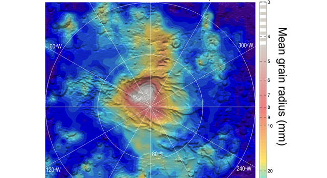 Map of the dry ice snowfalls on the South Pole of Mars (Image NASA/JPL-Caltech)