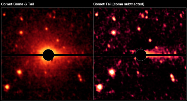 3552 Don Quixote seen by the Spitzer Space Telescope. On the left you can see its coma and tail. On the right an elaborate processing shows its tail (Image NASA/JPL-Caltech/DLR/NAU)