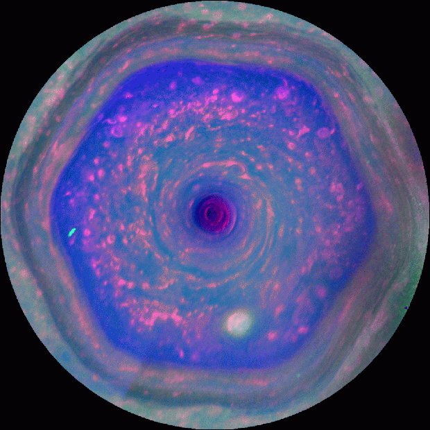 Picture of the hexagon, the huge hurricane on Saturn's north pole, taken by the Cassini space probe (Photo NASA/JPL-Caltech/SSI/Hampton University)