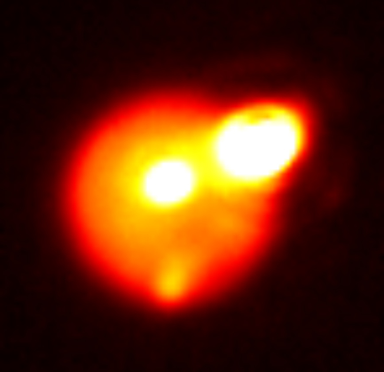 Image of Io taken by the North telescope of the Gemini Observatory that shows the vulcanic activity in August 2013 (Image Katherine de Kleer/UC Berkeley/Gemini Observatory)
