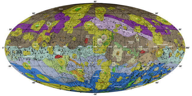 Geological map of the giant asteroid Vesta. Brown colors represent the oldest, most heavily cratered surface. Purple colors in the north and light blue represent terrains modified by the Veneneia and Rheasilvia impacts, respectively. Light purples and dark blue colors below the equator represent the interior of the Rheasilvia and Veneneia basins. Greens and yellows represent relatively young landslides or other downhill movement and crater impact materials, respectively (Image NASA/JPL-Caltech/ASU)