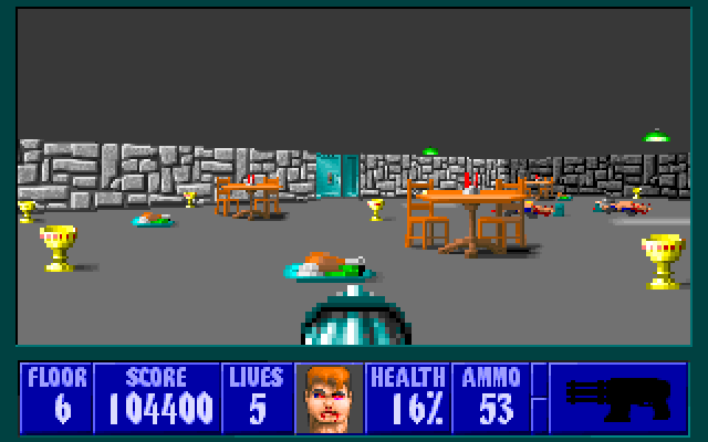Wolfenstein 3D screenshot showing food, treasures and dead Nazis