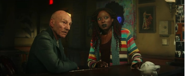 Jean-Luc Picard (Patrick Stewart) and Guinan (Ito Aghayere) in Monsters (Image courtesy Paramount+ / Amazon Prime Video)