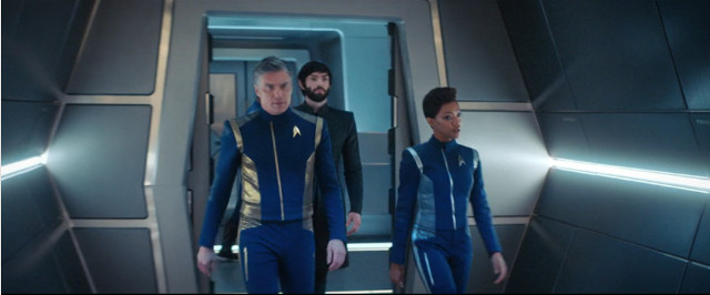 Captain Christopher Pike (Anson Mount), Spock (Ethan Peck) and Michael Burnham (Sonequa Martin-Green) in Perpetual Infinity (Image courtesy CBS / Netflix. All rights reserved)