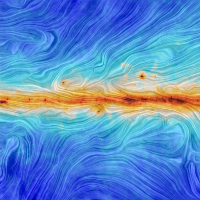 The Milky Way's magnetic field along the Galactic plane (ESA/Planck Collaboration. Acknowledgment: M.-A. Miville-Deschênes, CNRS – Institut d’Astrophysique Spatiale, Université Paris-XI, Orsay, France)