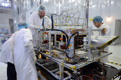 The NEOSSat satellite while being prepared for a test (Photo courtesy Janice Lang, DRDC)