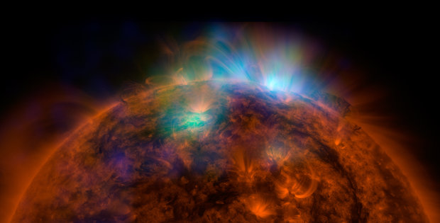 Combined image of Sun observations by NASA's NuSTAR and Solar Dynamics Observatory (SDO) satellites (Image NASA/JPL-Caltech/GSFC)