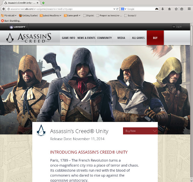 The home page of the Assassin's Creed: Unity official website